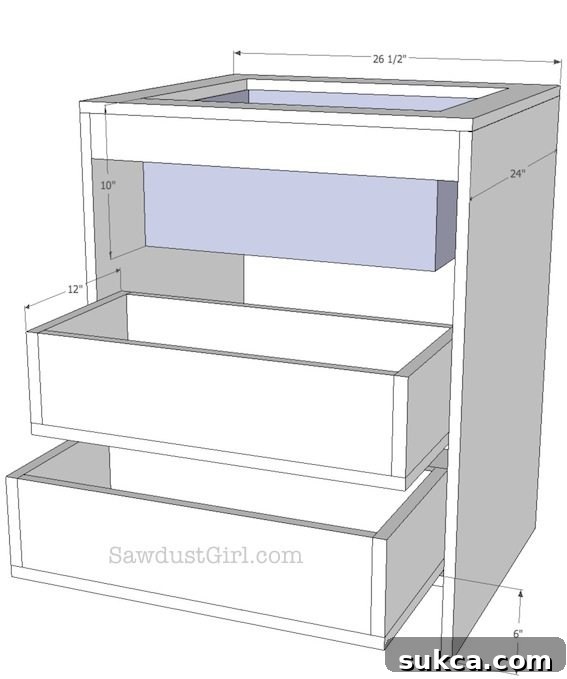 Detailed view of a custom laundry sink cabinet with shallow pull-out drawers for storage