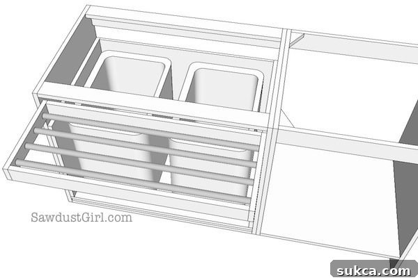 Pull-out drying rack concept for laundry room, featuring sturdy metal dowels