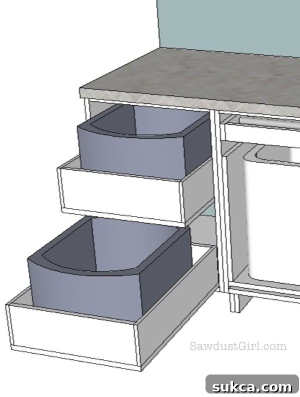 Laundry room cabinet with two separate pullout drawers for organizing folded clothes