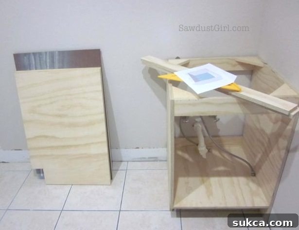Partially completed laundry room cabinet frame