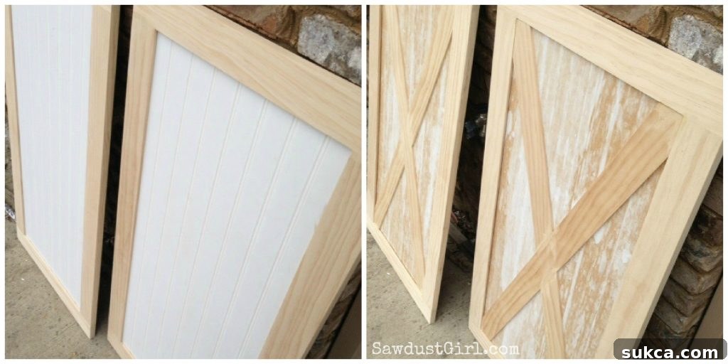 Unfinished Laundry Room Cabinet Doors with Two Designs Two distinct styles of laundry room cabinet doors side-by-side: classic beadboard versus a modern X-pattern design, showcasing unfinished wood.