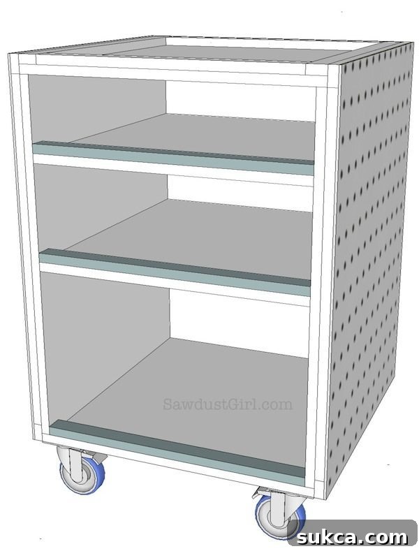 Adding cleats to the front of the shelves on the mobile utility cart to prevent items from falling
