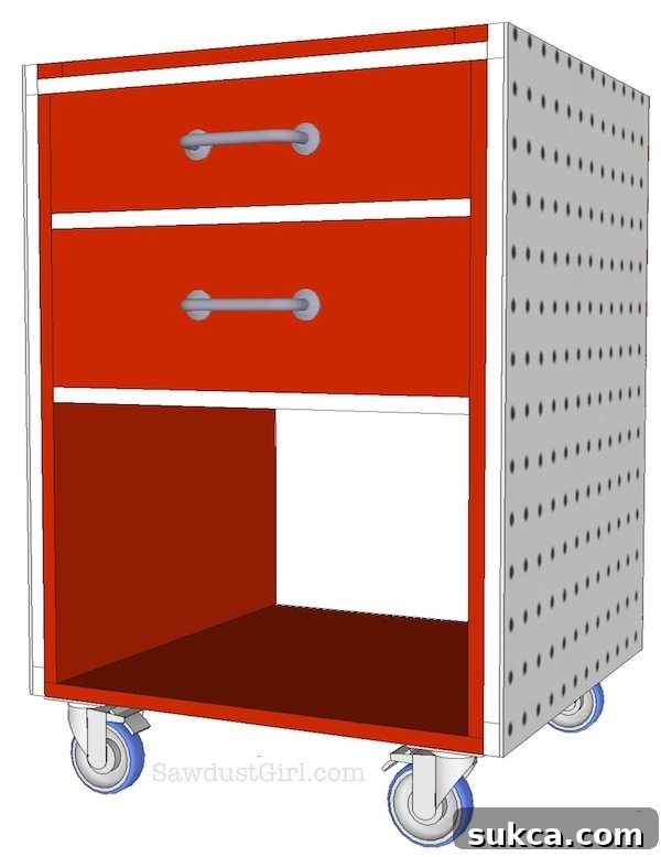 Finished mobile work cart in a bright color, ready for use in a workshop or craft room
