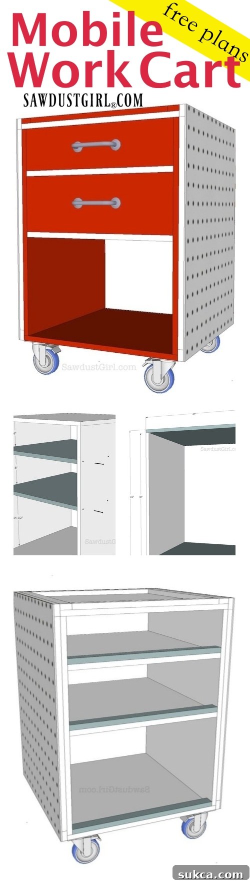 Detailed free plans for a mobile work cart, highlighting versatility and organization