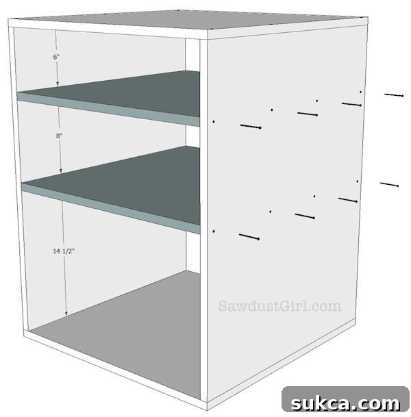 Installing the customizable interior shelves of the mobile work cart, showing different spacing options