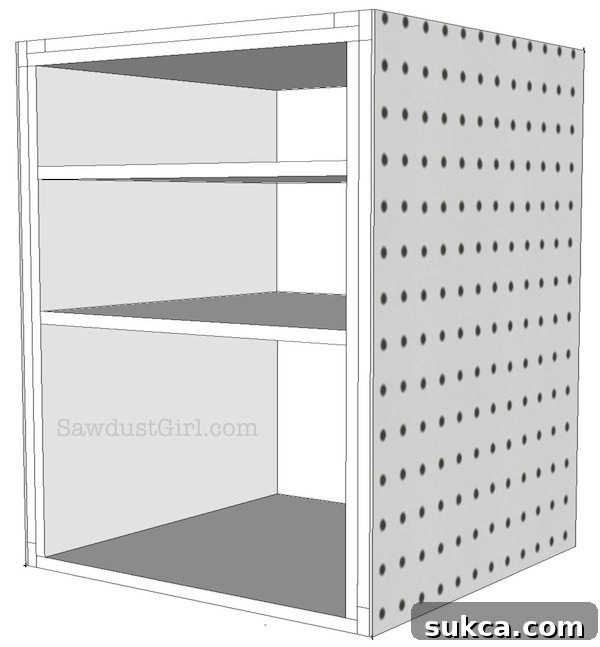 Securing the pegboard panels to the side cleats of the mobile work cart for tool organization
