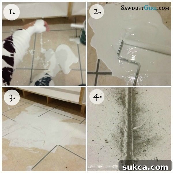 Extensive paint spill on laundry room tile floor, highlighting the messy challenge