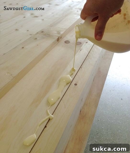 Applying wood glue generously for countertop construction