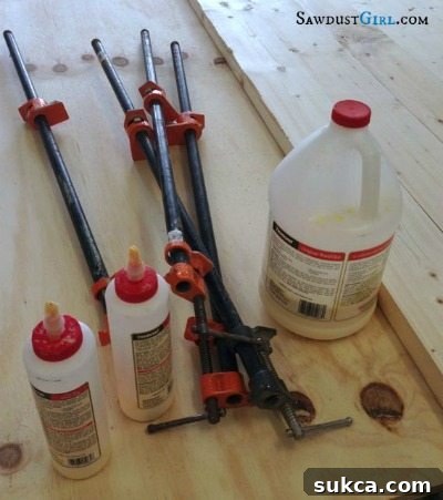Numerous clamps securing glued wood boards for countertops