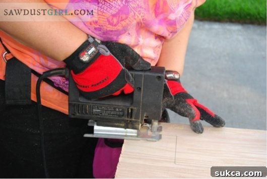 Jigsaw at work for detailed cuts Using a jigsaw for intricate cuts on oak plywood countertop sections