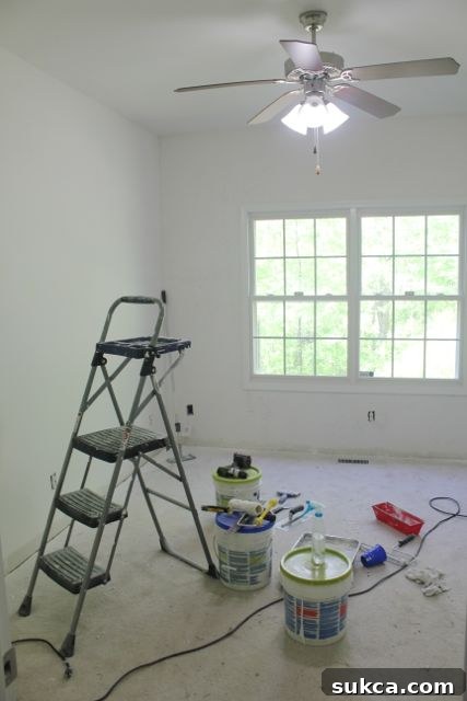 Newly smoothed walls of a home office project, prepped and ready for paint or finishes