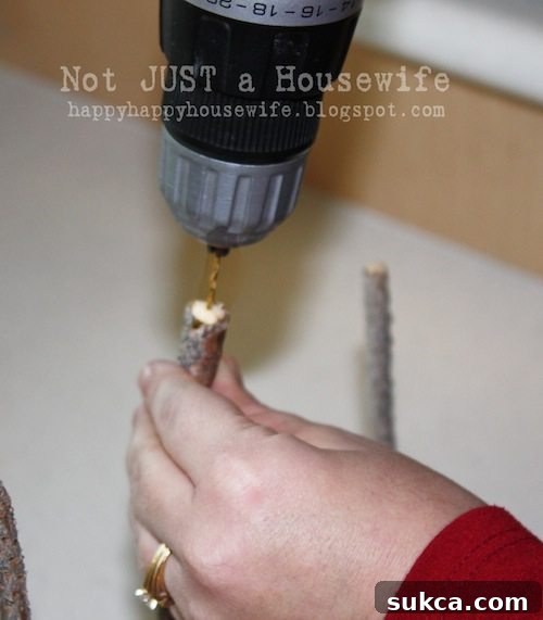Drilling Topiary Stick for Branches Close-up of a hand drilling a small pilot hole into the top of a wooden stick, preparing it for faux branch insertion in a topiary project.