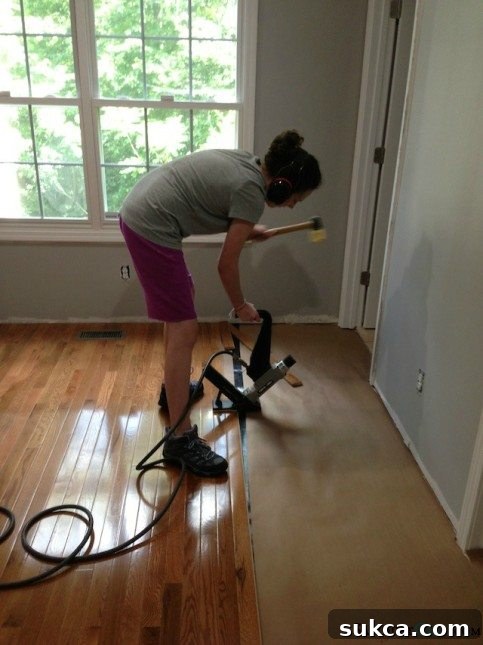 Madison excels with power tools Madison using a flooring nailer on red oak planks