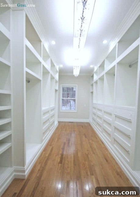 Luxurious and highly organized master closet, showcasing custom cabinetry, ample storage, and elegant design by Sawdust Girl.