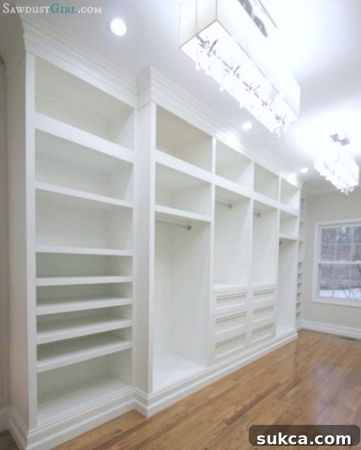Detailed view inside the renovated master closet, featuring custom shelving and storage units, designed for optimal organization.