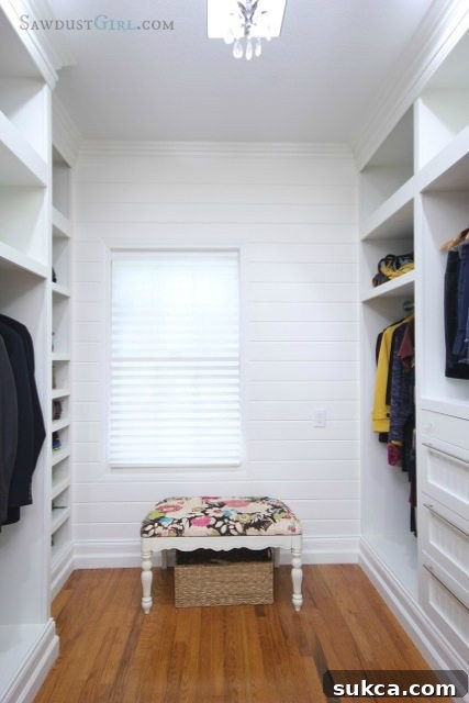 Close-up of the stylish plank wall installed in the master closet, adding texture and character to the storage area.
