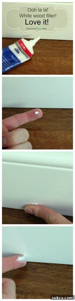 White wood filler application - smooth and easy for DIY projects.