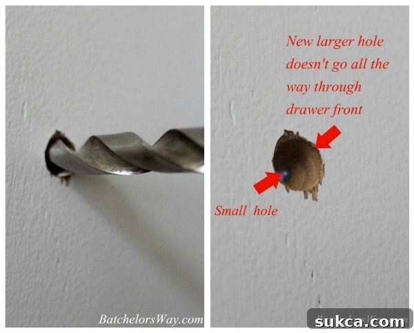 Collage showing the process of countersinking screws for hardware installation