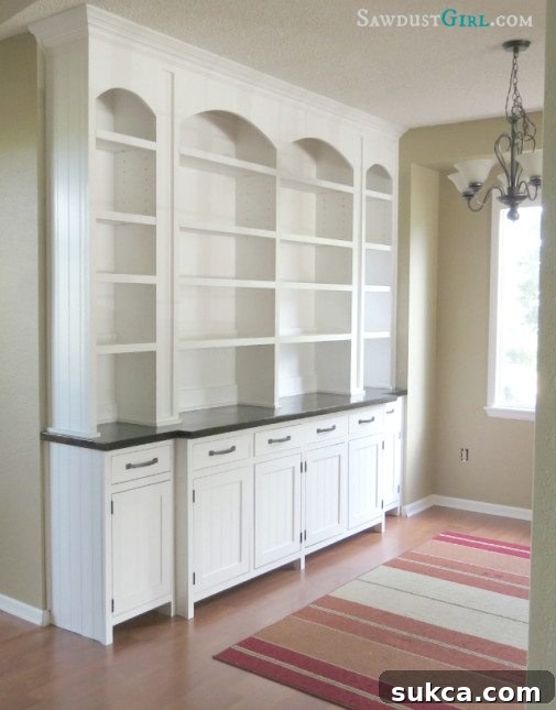 Full view of the transformed dining room featuring the stunning custom built-in buffet