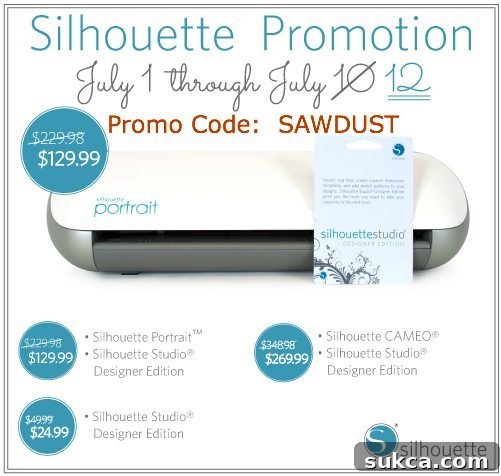 Silhouette promo code graphic featuring 'SAWDUST' for exclusive discounts on machines and software.