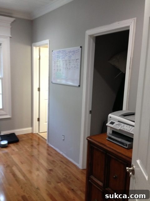 The Bathroom-Office Conundrum Image showing the current home office setup with a clear view into an adjacent bathroom, highlighting the spatial issue