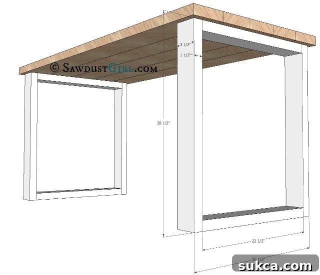X-Leg Desk plans and tutorial from @Sawdust Girl, showing the assembled X-leg structure.