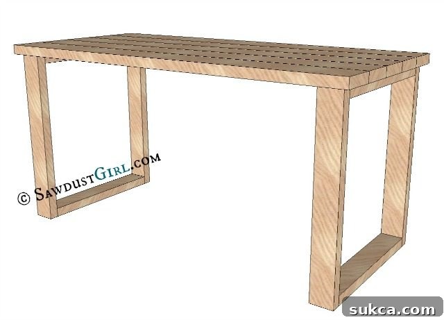 X-Leg Desk plans and tutorial from @Sawdust Girl, showing alternative leg design without X-members.
