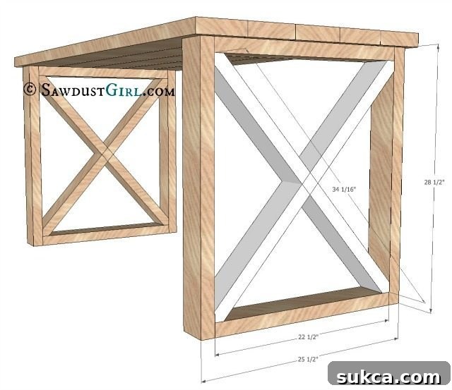 X-Leg Desk plans and tutorial from @Sawdust Girl, illustrating angle cuts for X-legs.