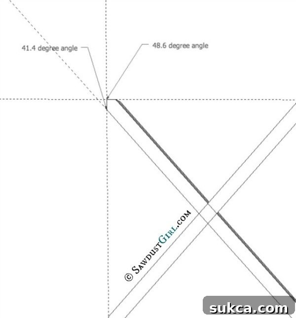 X-Leg Desk plans and tutorial from @Sawdust Girl, showing detailed angle measurements for X-legs.