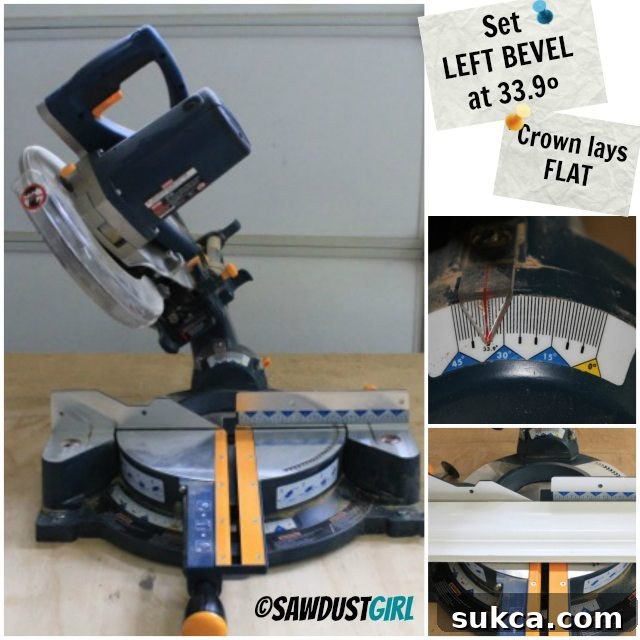 Visual representation of crown molding laid flat on a miter saw for cutting.