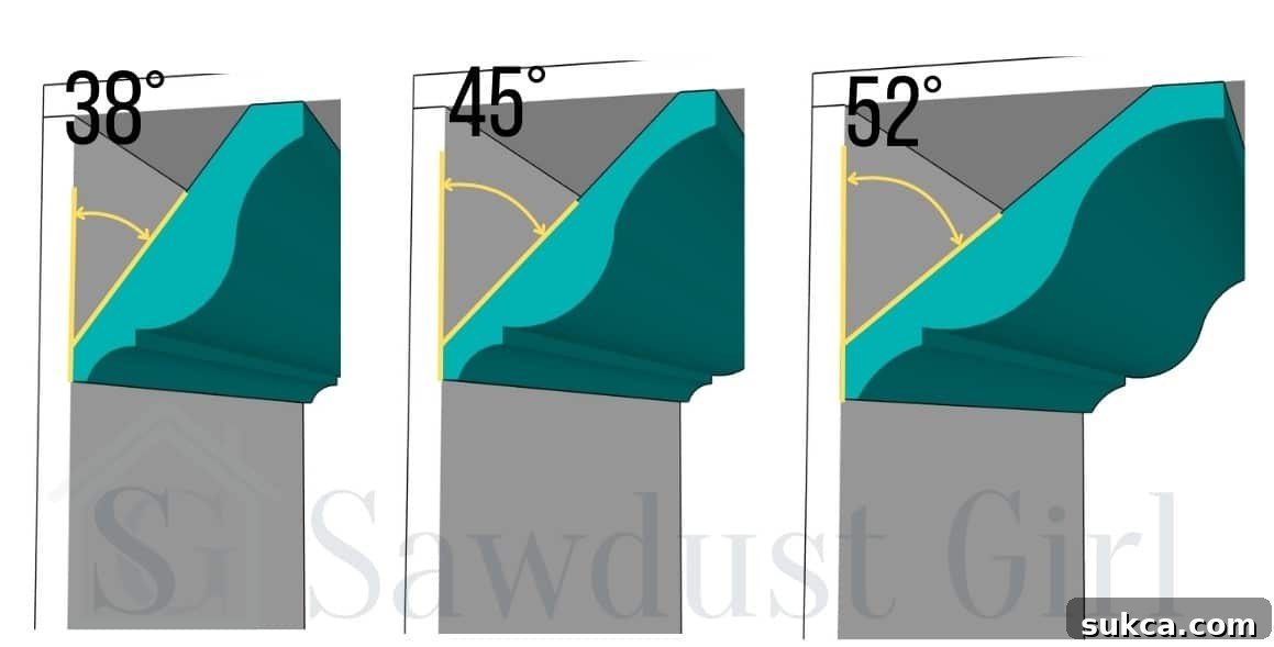 Diagram showing common crown molding spring angles and their visual impact on wall and ceiling