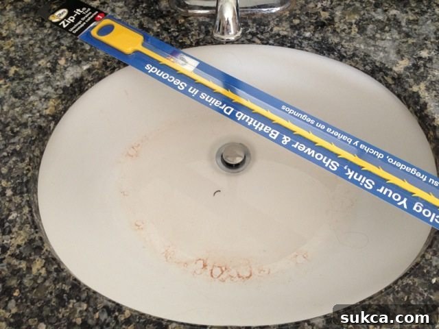 Close-up of a Zip-it drain cleaning tool, highlighting its barbed design which helps grab hair and debris from clogged drains.