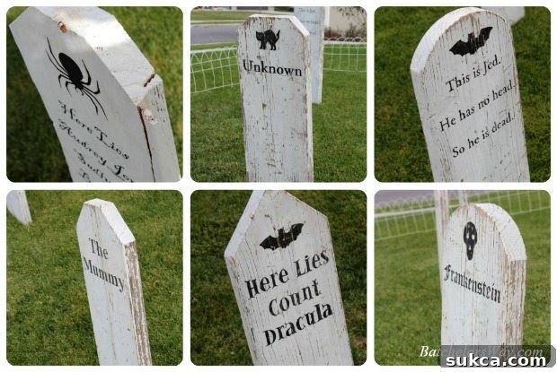 A spooky Halloween graveyard scene featuring multiple DIY wooden tombstones under an eerie sky.