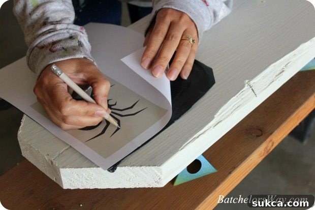 Tracing a design onto a painted DIY tombstone using carbon paper, preparing for the detail painting.