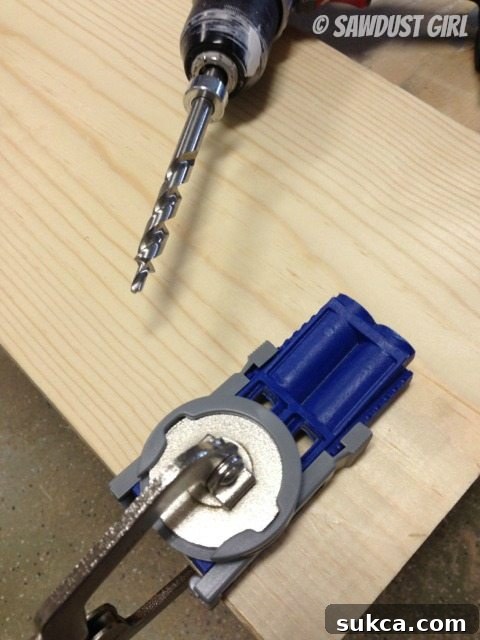 Drilling a pocket hole with a jig, showing proper technique and initial drilling.