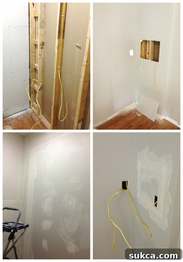 Drywall patching complete, ready for next steps in powder room renovation.