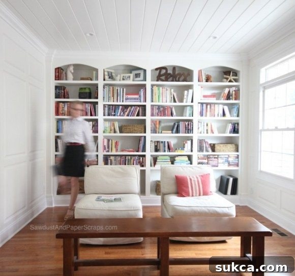 A styled custom library with white built-in bookshelves filled with books and decorative items.