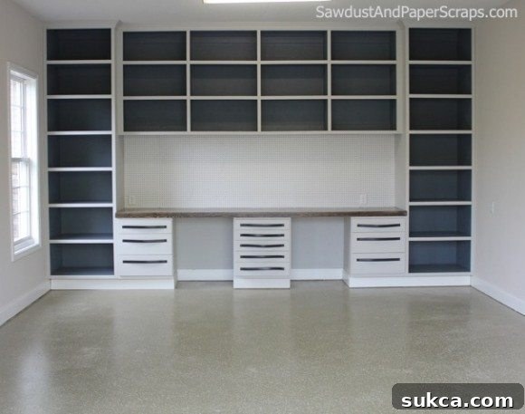 A well-organized garage workshop with custom wood countertops and painted cabinets.