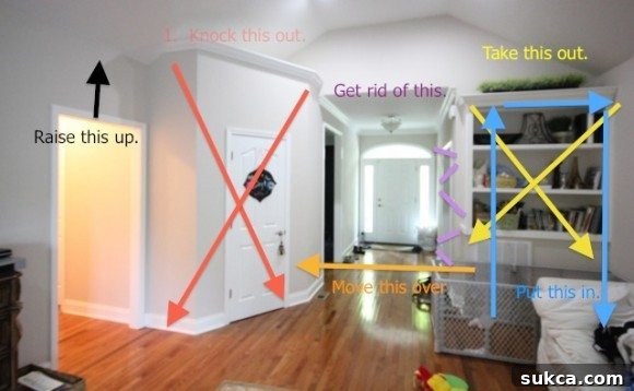 A floor plan indicating the planned demolition of a library wall and a coat closet in the living room.