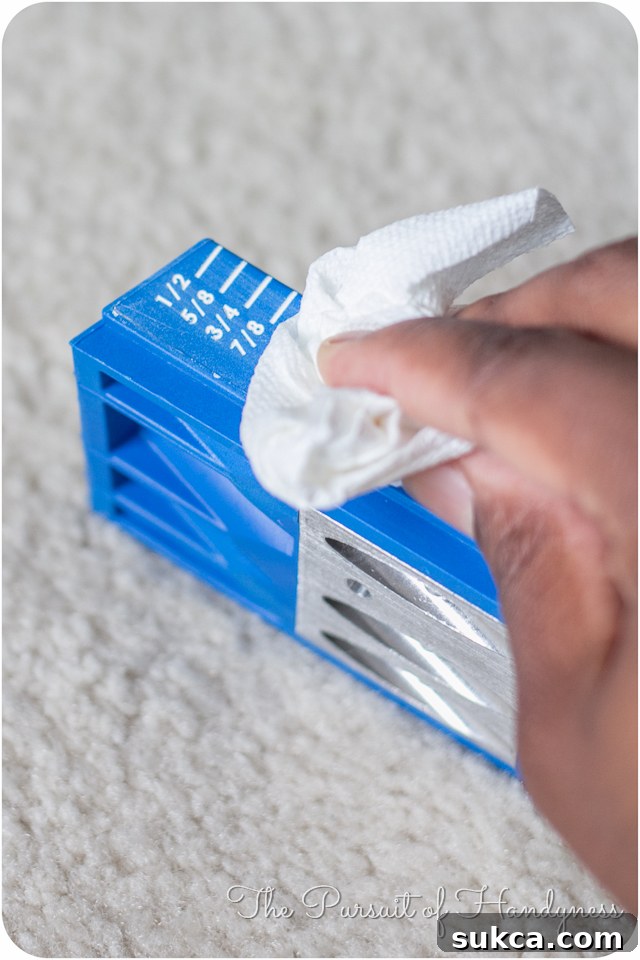 Making your Kreg jig easier to see with this simple paint modification enhances woodworking efficiency.