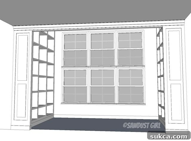 Fawn's Library Design Plan Inspirational design sketch illustrating Fawn's elegant home library with floor-to-ceiling custom bookshelves.