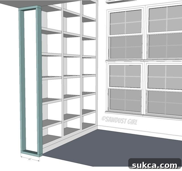 Built-in Bookshelf Plans from SawdustGirl.com Detailed schematic for built-in bookshelf construction, highlighting structural components and dimensions.