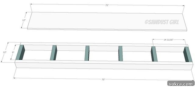 Built-in Bookshelf Plans from SawdustGirl.com Detailed illustration of the base construction for built-in bookshelves, showing lumber and assembly.