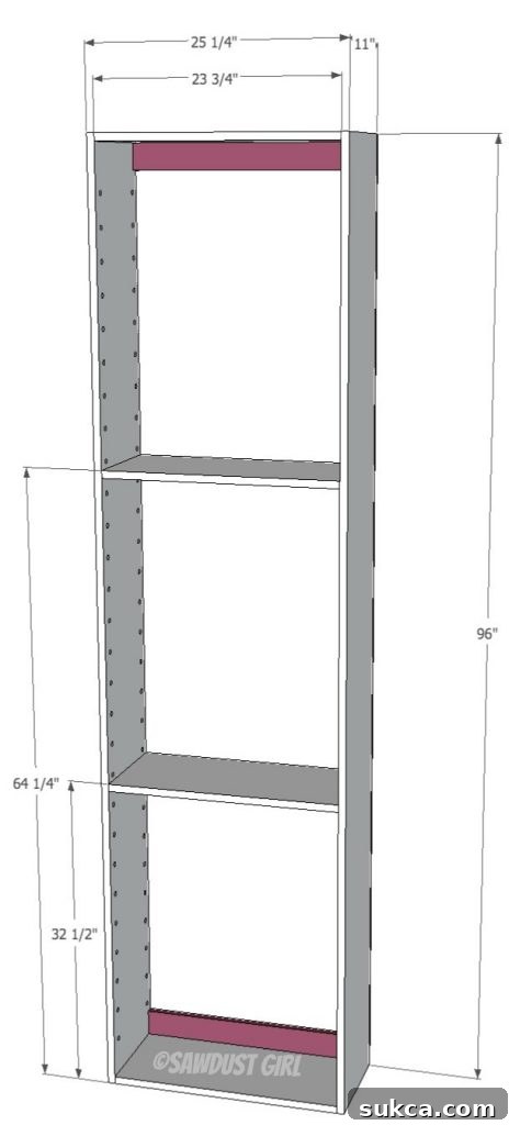 Built-in Bookshelf Plans from SawdustGirl.com Detailed diagram illustrating the internal structure and assembly of a built-in bookshelf unit.