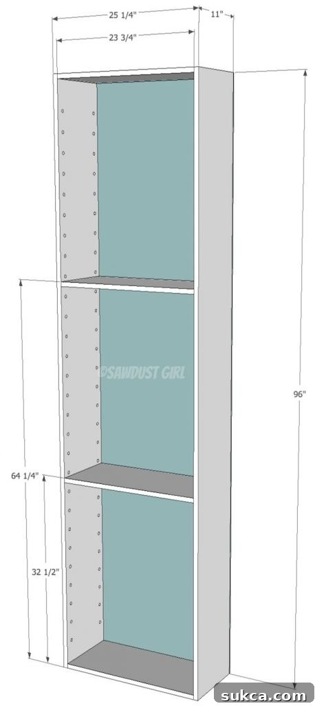 Built-in Bookshelf Plans from SawdustGirl.com Construction detail showcasing the backing panel installation on a built-in bookshelf for structural integrity.
