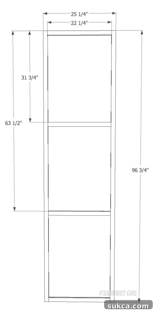 Built-in Bookshelf Plans from SawdustGirl.com Detailed illustration of a built-in bookshelf faceframe, showing dimensions and assembly points.