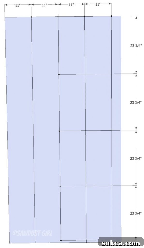 Cut-list for Built-in Bookshelf Optimized cut list diagram for constructing a built-in bookshelf from a single sheet of material.