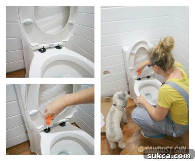 Tightening screws to secure a new soft-close toilet seat onto the bowl.