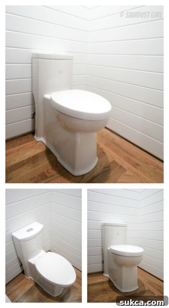 How to change a toilet successfully Newly installed one-piece skirted toilet in a renovated powder room.