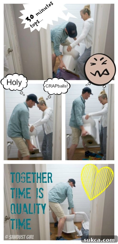 Installing a one-piece, skirted toilet Two people carefully positioning a heavy one-piece skirted toilet over the floor bolts.